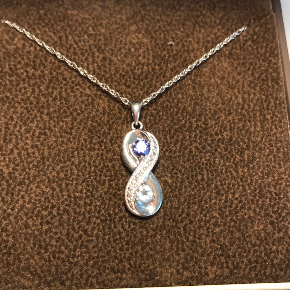 Silver Infiniti necklace aquamarine and sapphire
